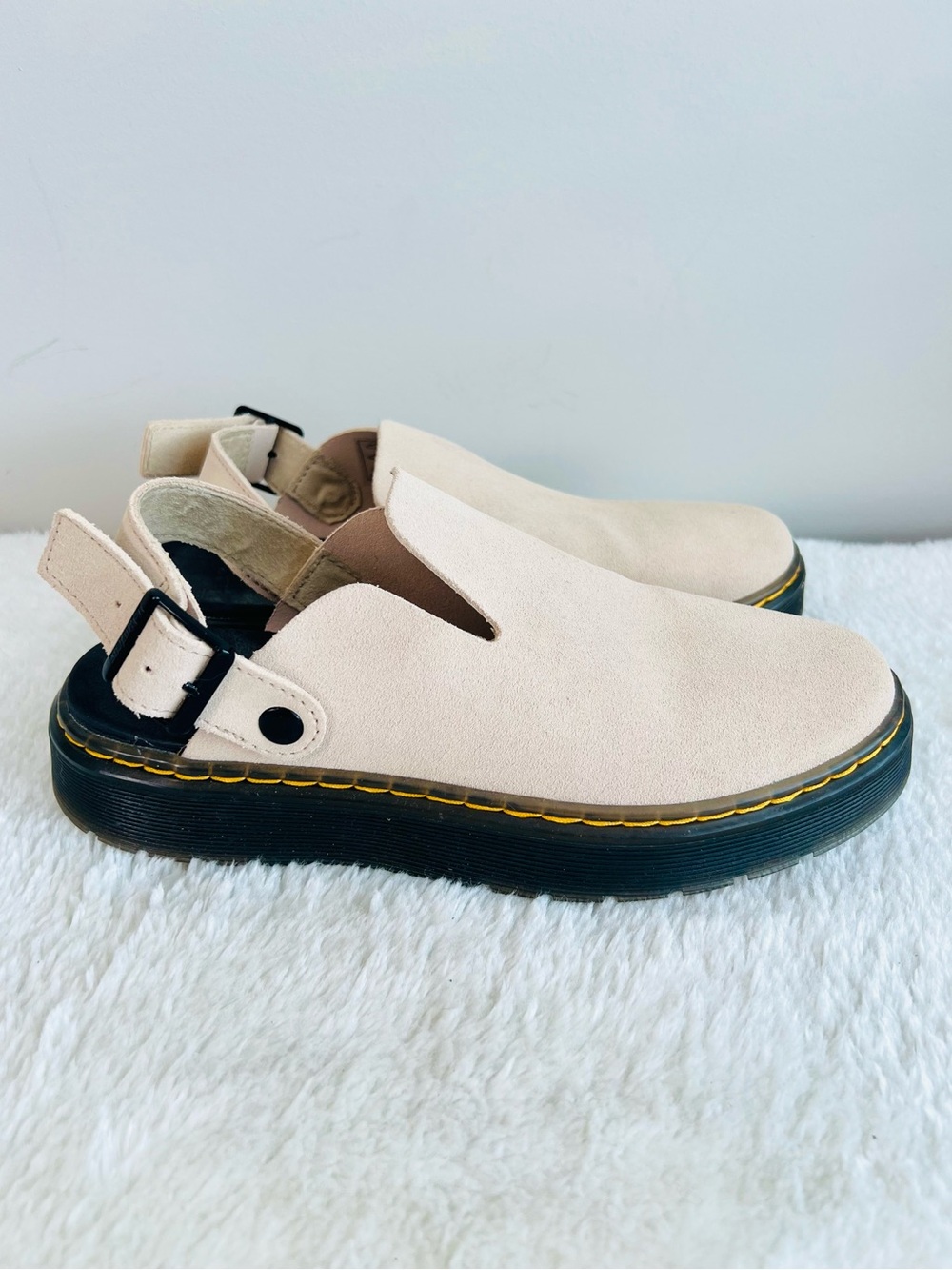 Dr. Martens Carlson Beige Suede Slingbacks with Black Platform